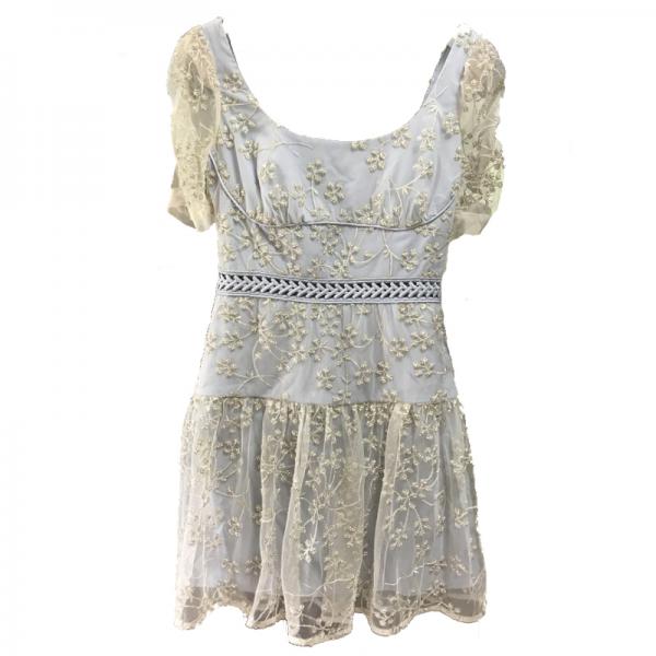 夏季复古ins风格网红SP同款 短袖大圆领香槟色蕾丝绣花钉珠连衣裙